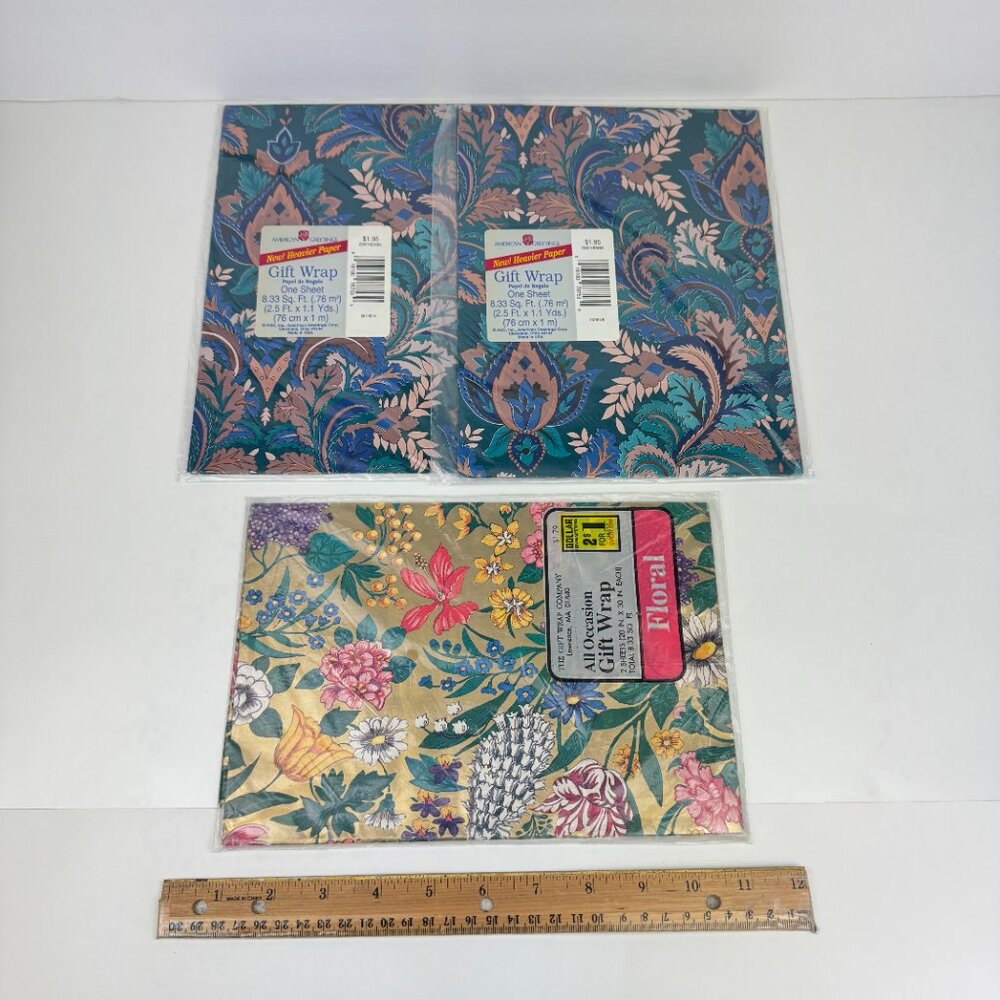 Vtg Pack of 3 Floral Flower Paisley Turquoise‎ Blue Gold Gift Wrap Sheets Color